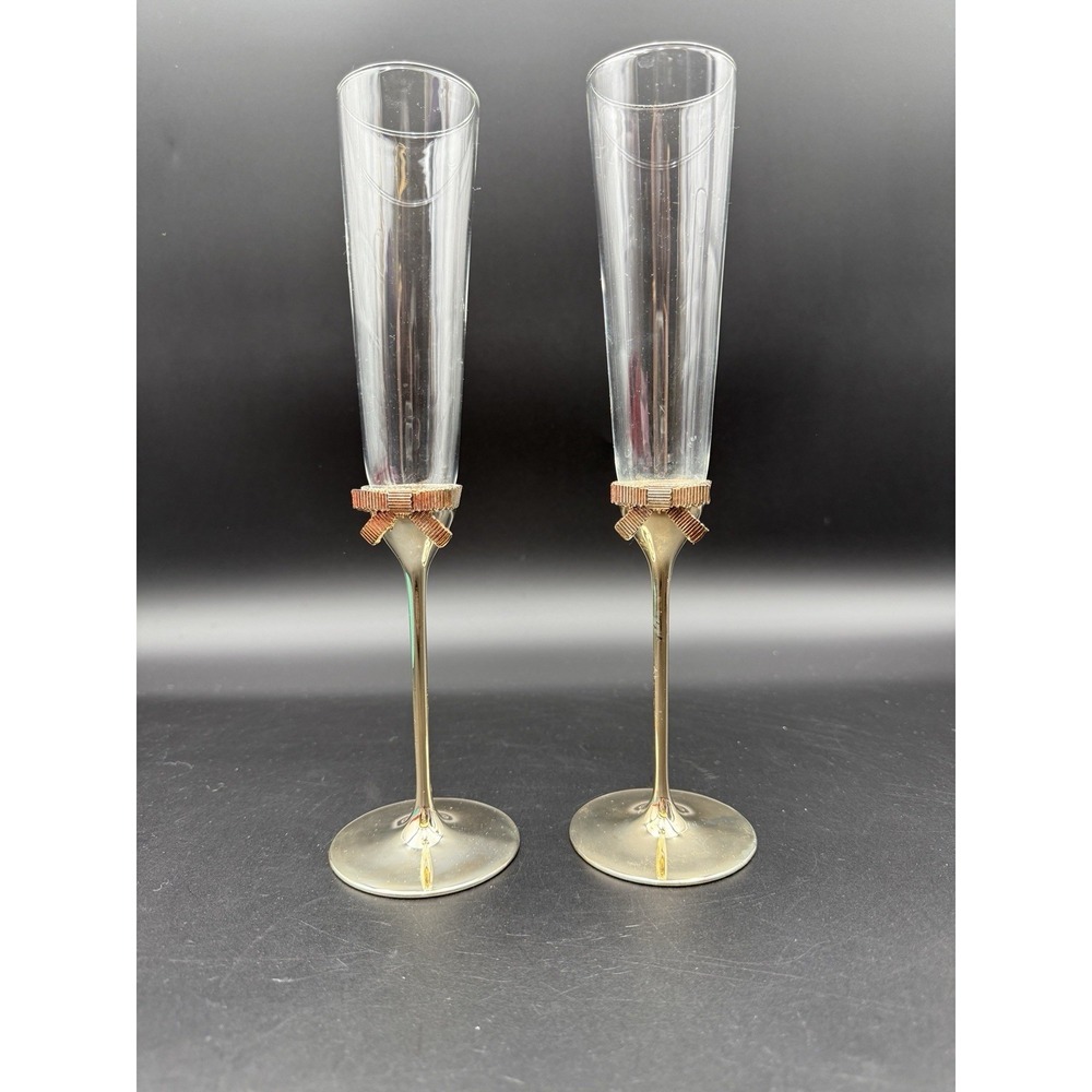 Kate Spade Lenox Grace Avenue Champagne Toasting Flutes Silverplate Stem Accents